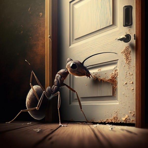AI image of a giant ant eating away a wooden door