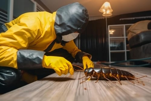 man in yellow cockroach extermination suit
