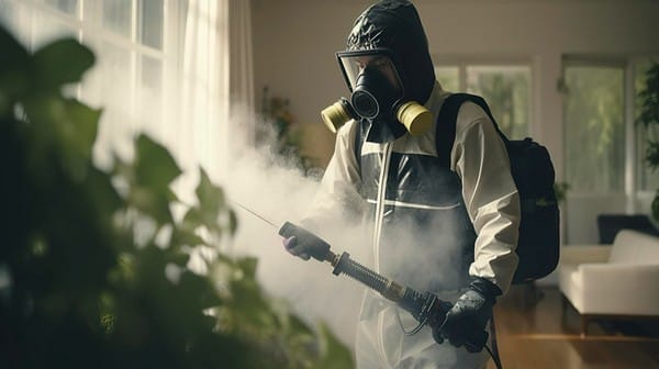 professionally dressed pest control personnel working at a house